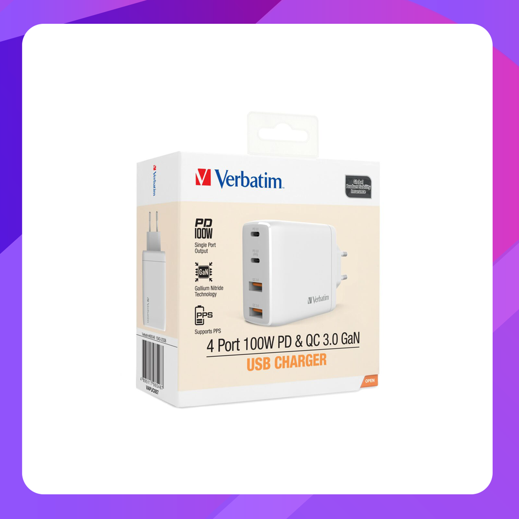 Verbatim 4 Port 100W PD & QC GaN USB Charger