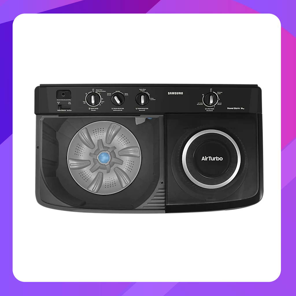 Samsung 16 kg twin tub washing machine with Power Storm washing dishes and Air Turbo spinning 