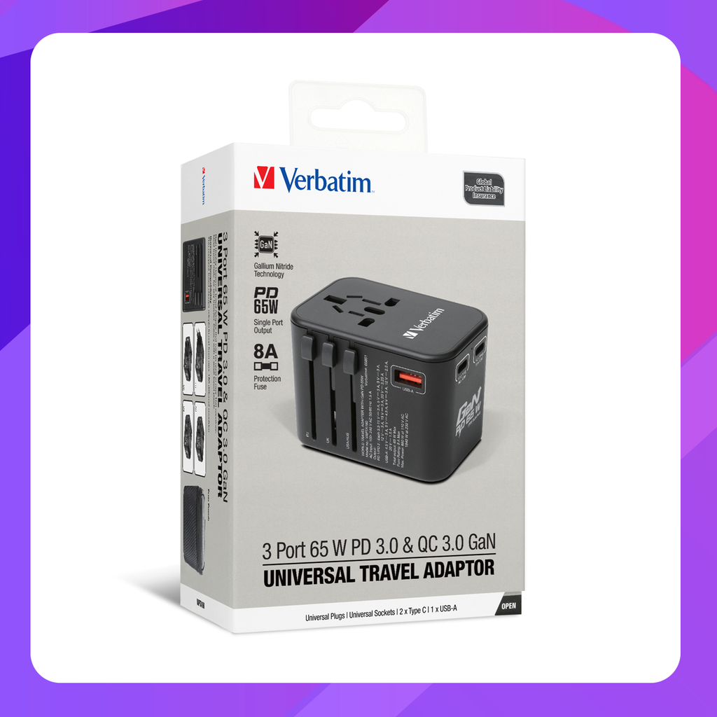 Verbatim 3 Port 65W PD 3.0 & QC 3.0 GaN Universal Travel Adaptor